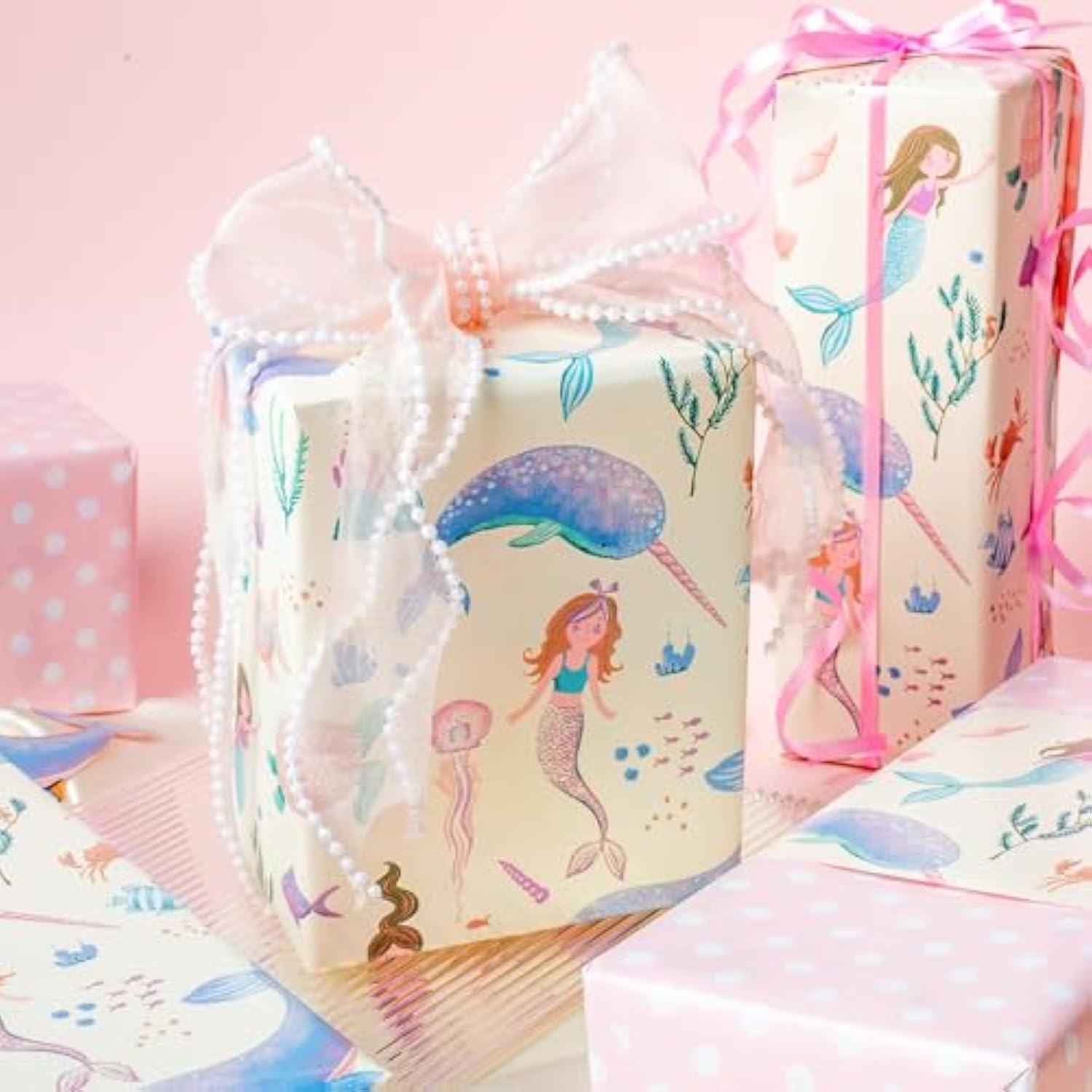 Reversible Mermaid Wrapping Paper Roll,Metallic Foil Whale,Turtle And Sea Creature With Pink Polka Dot For Kids,Girlsbirthday,Baby Shower,Mini Roll (17 In X 32.8 Ft)