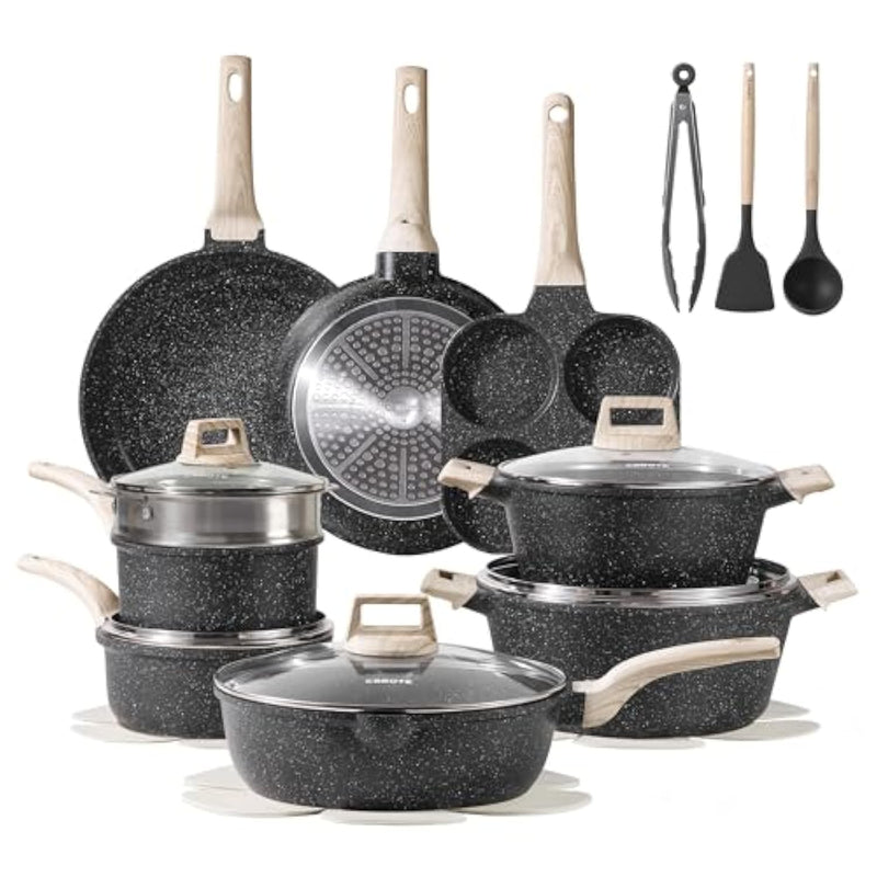 21Pcs Pots And Pans Set Nonstick, Cookware Set Black Granite Induction Kitchen Cooking Set W/Frying Pans & Saucepans(Pfos, Pfoa Free)