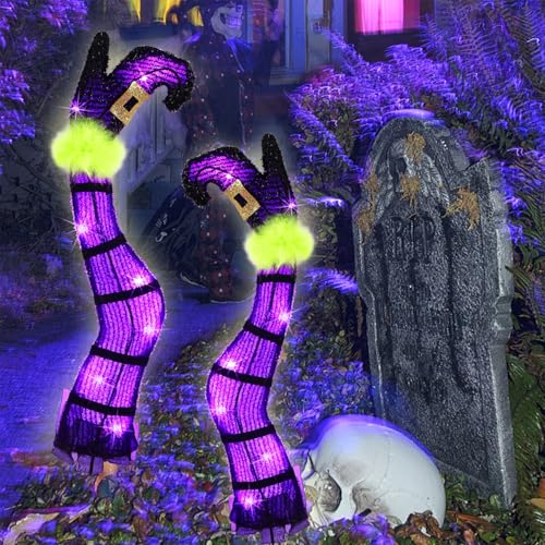 Set of 2 Halloween Lighted Wicked Purple Witch Legs with Stakes, 22" Light Up Tinsel Halloween Yard Sign Prop Timer & 8 Modes, Battery Operated for Outdoor Party Haunted House Garden Decor