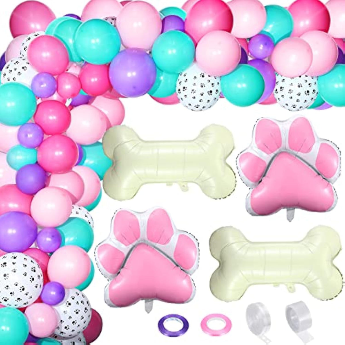 164 Pcs Dog Paw Printed Balloons Garland Arch Kit Cartoon Latex Bone And Pink Paw Aluminum Foil Balloons For Puppy Themed Birthday Party Decorations