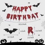 Halloween Happy Birthday Banner, Bloody Bat Vampire Red And Black Birthday Decorations, Glitter Foil Fringe Curtains Backdrop Balloons Horror Movie Themed Party Decoration Supplies