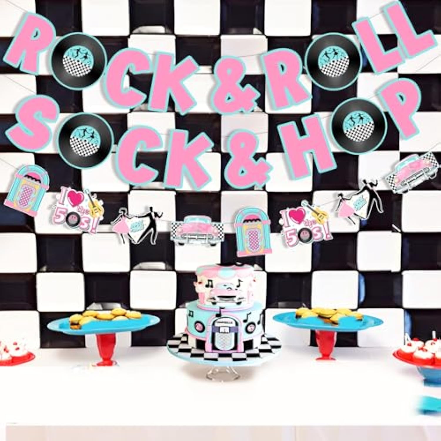 Sock Hop Rock And Roll Banner Garland, 50S Party Decorations, 1950S Theme I Love The 50S Music Themed Birthday Party Supplies Hanging Decors