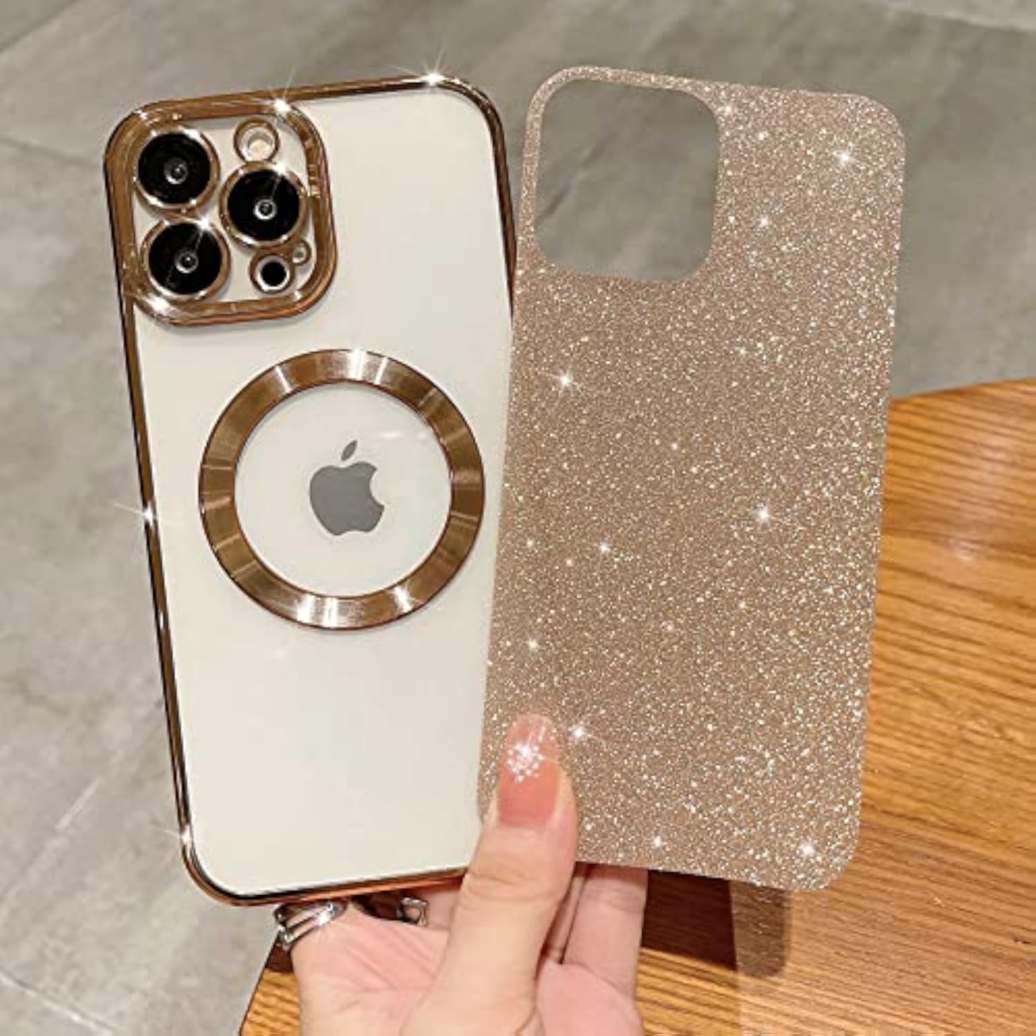 Luxury Gold Plating Glitter Case for iPhone 13 Pro Max 6.7 inch, Compatible with MagSafe, Clear Phone Case with Camera Protector, Soft TPU Material, Cute Design for Women and Girls