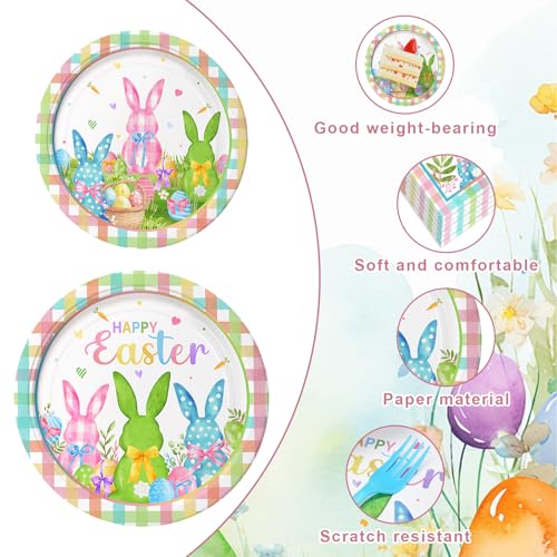 96 Pieces Easter Tableware Set – Bunny Egg Disposable Plates, Napkins, and Forks with “Happy Easter” and Spring Designs for Holiday Dinners, Parties, and Spring Celebrations – Serves 24