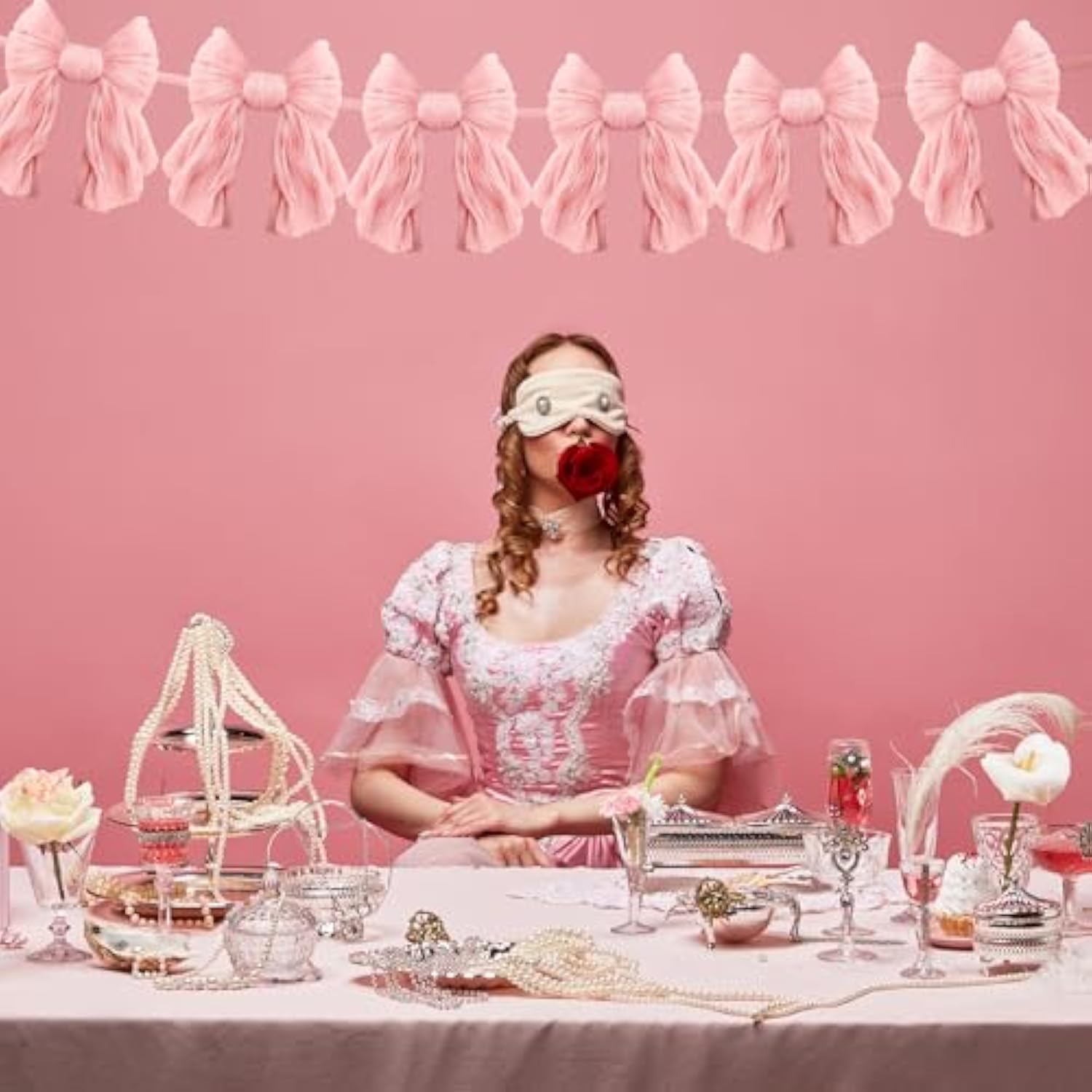 1 String Of 6 Pink Bows Garland Banner Decoration, Adjustable Pre-Strung Ornaments For Birthday, Bachelorette Party, Bridal Shower, Wedding, Engagement, Baby Shower, Graduation Decor, Anniversary