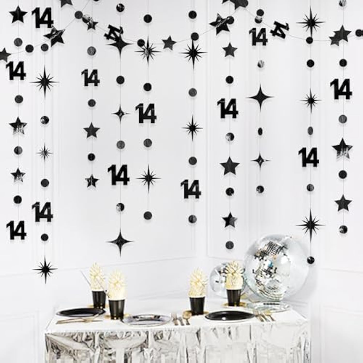 Party Crafter 14th Birthday Decor – Black & Silver Hanging Garland, Banner and Streamers for Party