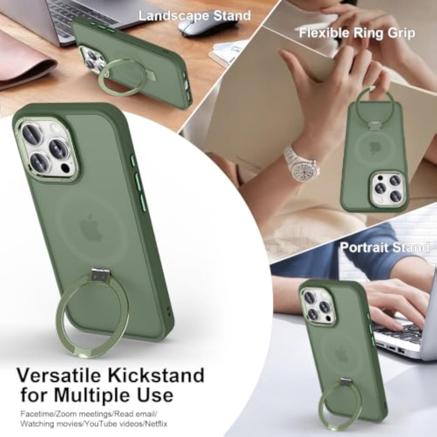 Midnight Green Magnetic Ring Stand Case for iPhone 16 Pro