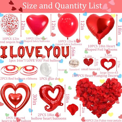 Valentines Day Decorations Set,Happy Anniversary Decorations Romantic with I love you balloons,love decorations,Rose Petals and Heart Balloons,Anniversary Balloons for Weddings (Hollow)