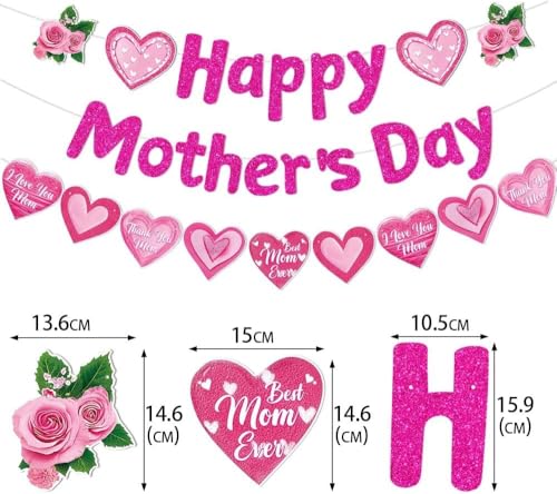 Happy Mother's Day Banner Set Decoration for Mother's Day Party Decorations Backdrop Garland for Mom Mother's Day Glitter Garland Photo Props (3 pcs) (Pink Thank You MOM)