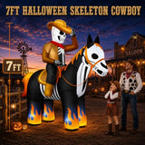 7FT Halloween Inflatables Decorations Outdoor Skeleton Cowboy Riding Inflatable Horse Built-in Bright LEDs Flame-Hoofed Western Halloween Blow Up Yard Decoration Blowup for Lawn Party