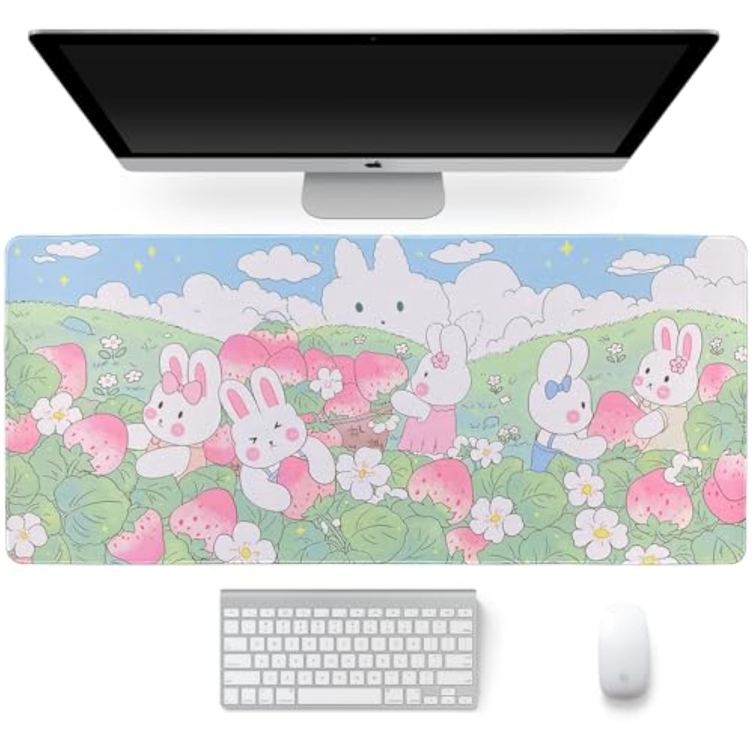 Large Rubber Mouse Pad 35.4" X 15.7"X0.12", Long Cute Mouse Keyboard Mat For Office Home & Gaming, Rabbits & Strawberry