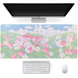 Large Rubber Mouse Pad 35.4" X 15.7"X0.12", Long Cute Mouse Keyboard Mat For Office Home & Gaming, Rabbits & Strawberry