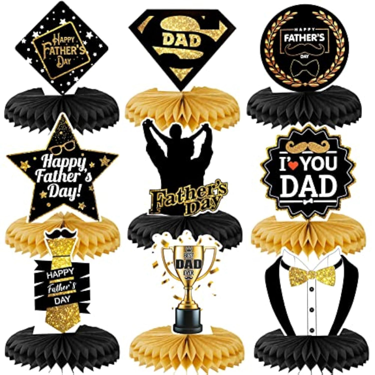 Father'S Day Decorations Honeycomb Centerpieces, Black And Gold Happy