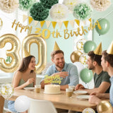 30Th Birthday Decorations For Her Him, 30Th Birthday Decor With Happy Banner, Cake Topper, Number 30 Foil Balloon, Sage Green White Gold Paper Pompoms And Balloons For 30 Year Old Party Decoration