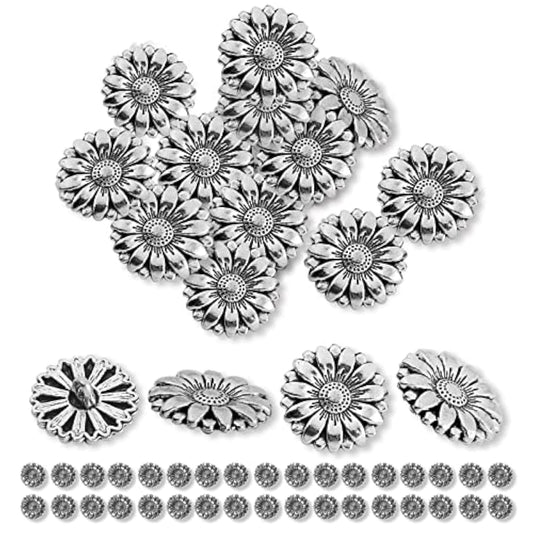 50 Pieces Round Metal Buttons Silver Tone Shank Button Sunflower Carve