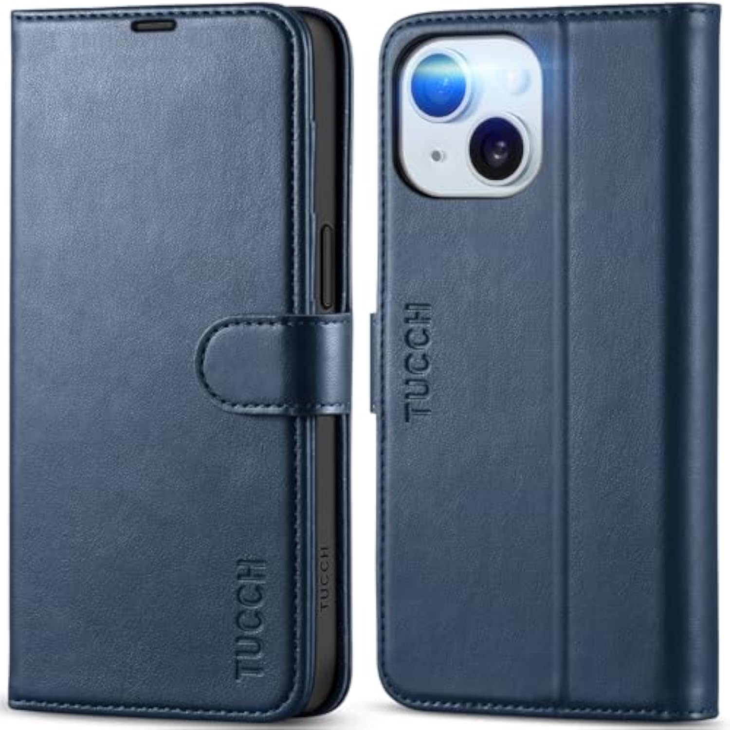 TUCCH Dark Blue RFID Blocking Folio Wallet Case for iPhone 15 (6.1") 2023