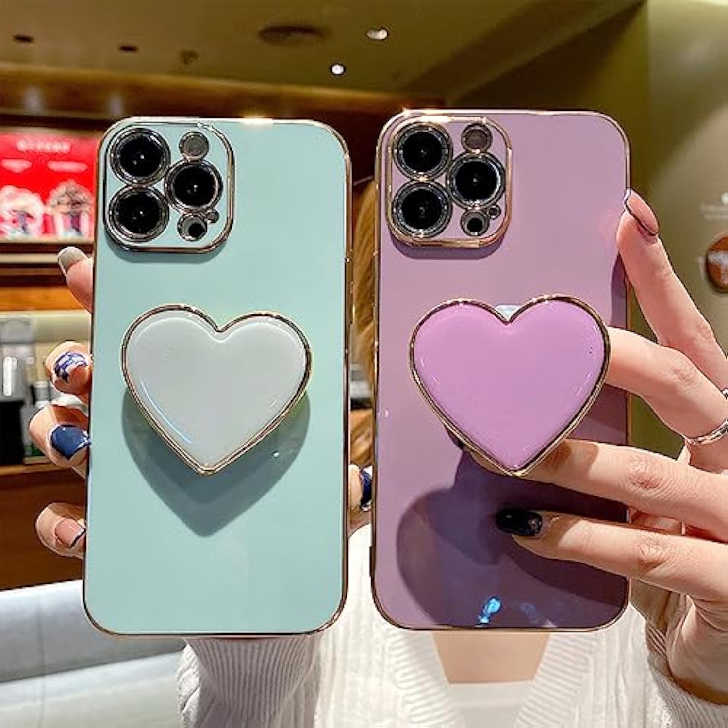 Cute Case For Iphone 16 Pro Max, Phone Case Green With Heart Holder Stand Kickstand Soft Tpu Shockproof Protective Cover, Luxury Plating Bumper Case For Girls Women (For Iphone 16 Pro Max)