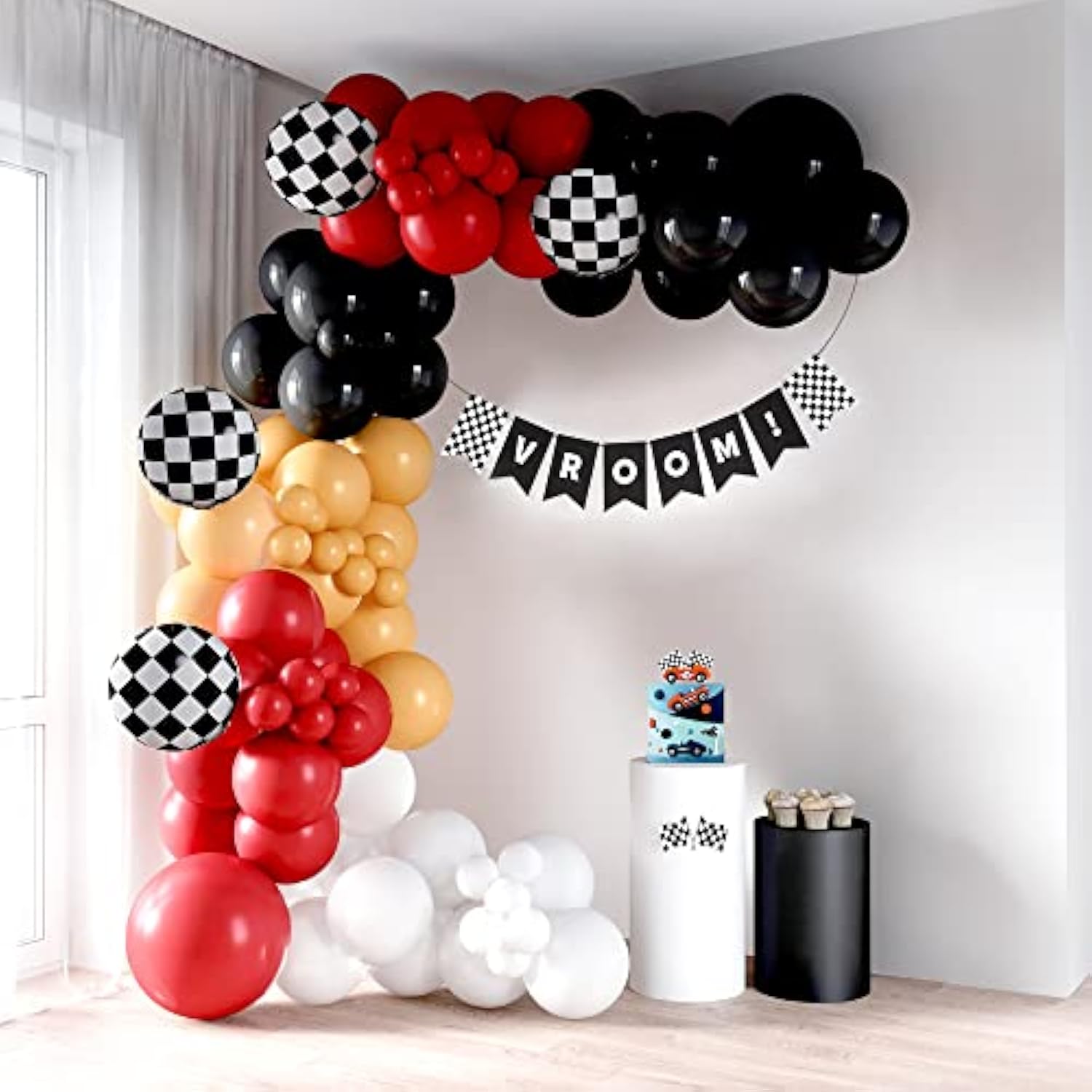 Race Car Balloon Garland 110 Pcs with Banner & Checkered Balloons for Party