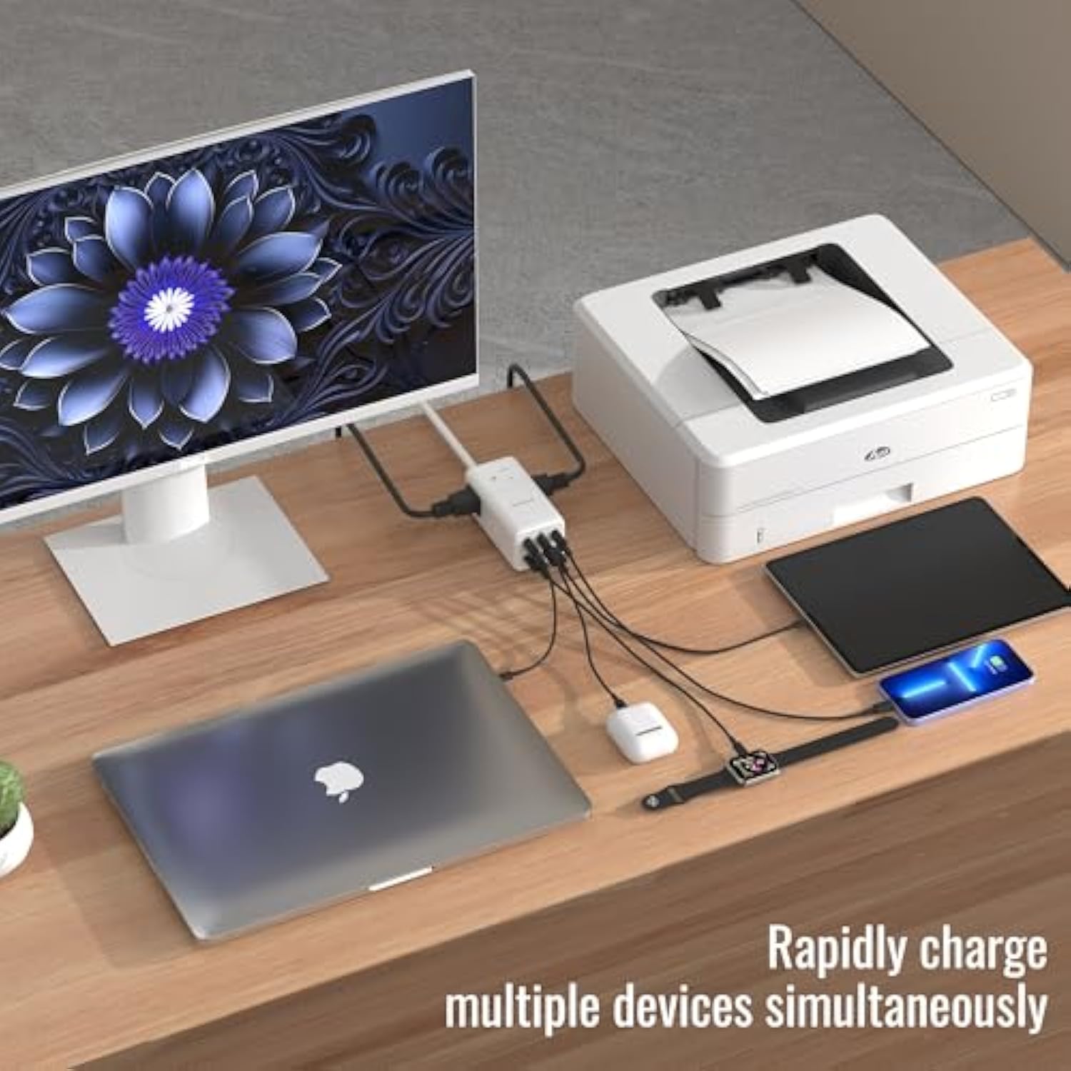 75W Gan Usb-C Super Fast Charging Station, 8-In-1 Power Strip With 5 Usb & 3 Ac Ports, Smart Charging, Fast Pd Charger For Iphone, Samsung, Ipad, Macbook – Desktop & Travel-Friendly – White