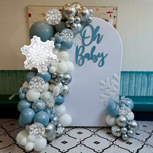 Winter Wonderland Balloons Garland Arch Kit, 101Pcs Dusty Blue White Balloons with Snowflake Foil Balloon for Christmas Xmas Holiday Ice Snow Girl Princess Theme Baby Shower Birthday Party Decorations