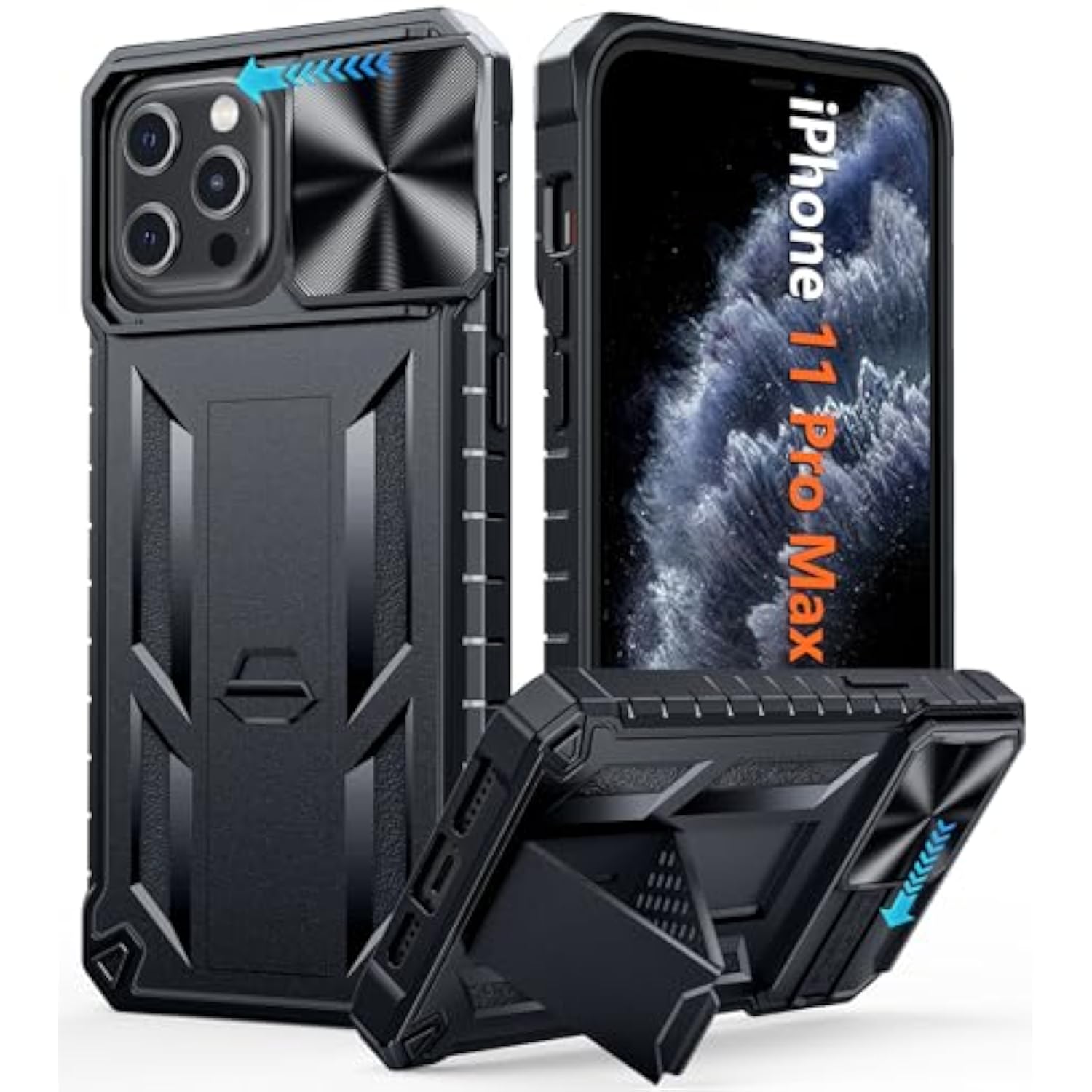 For Iphone 11 Pro-Max Case: Military Grade Drop & Shock Protection Cell Phone Cover With Kickstand & Slide | Rugged Protective Bumper Textured (Black)