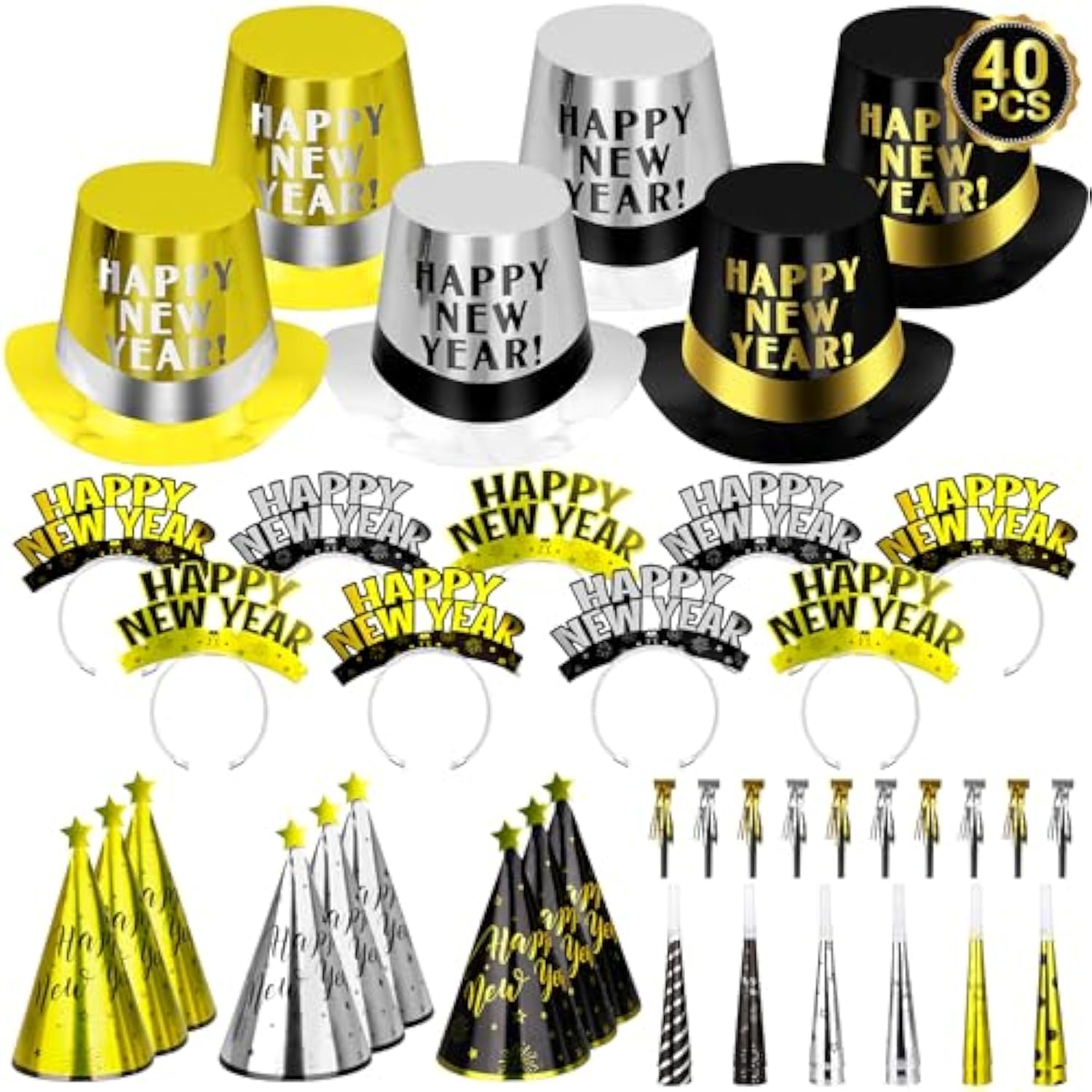 40pc New Year’s Eve Party Supplies for 20 with Hats, Headbands & Noise Makers