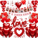 Red Valentines Day Decorations Set with I LOVE YOU Banner and Balloons, Photo Banner,Heart Hanging Decor and Red Heart Balloons with Rose Petals for Weddings,Valentine's Day and Anniversaries