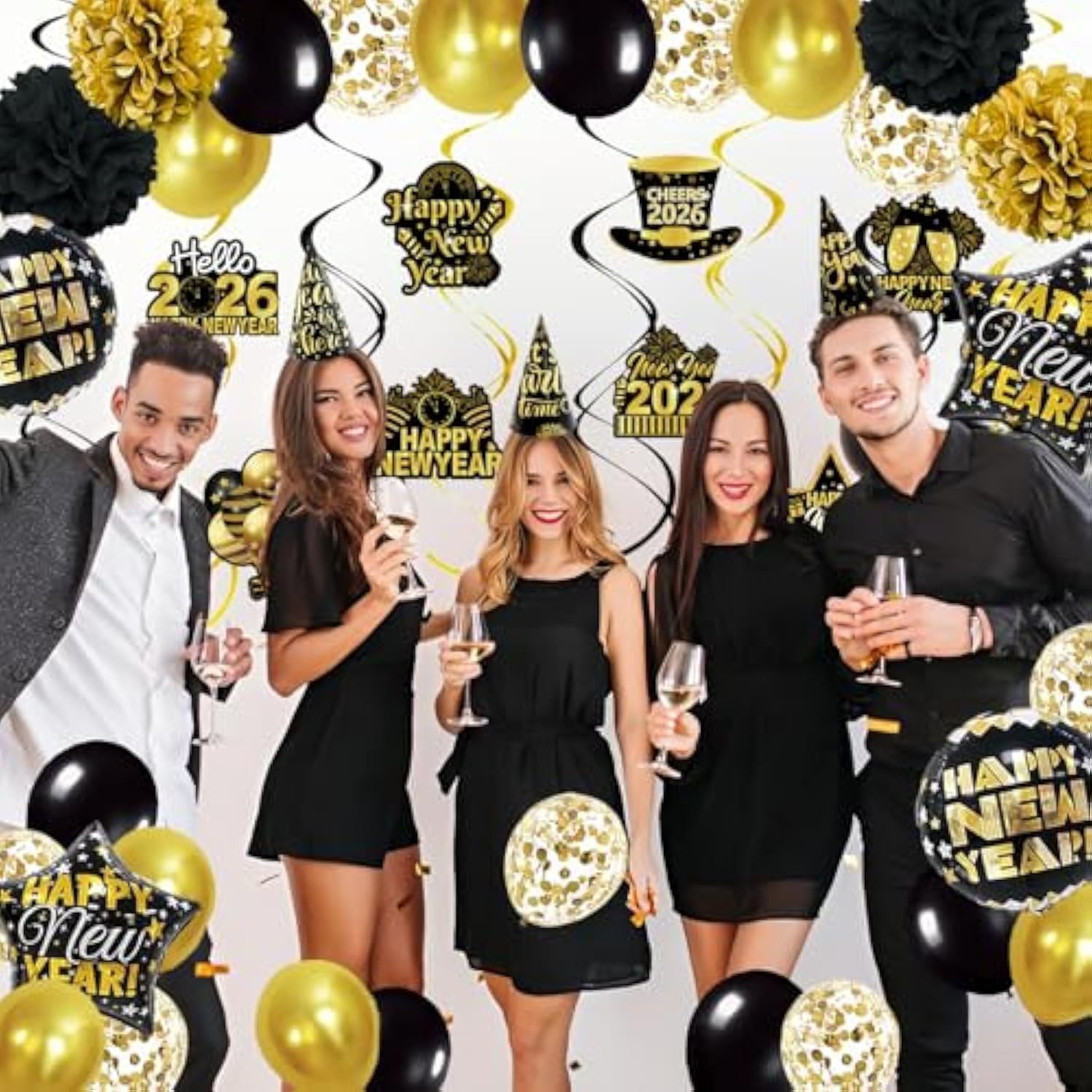 2026 New Year Party Decorations Black Gold Banner Balloons Hats Photo Props
