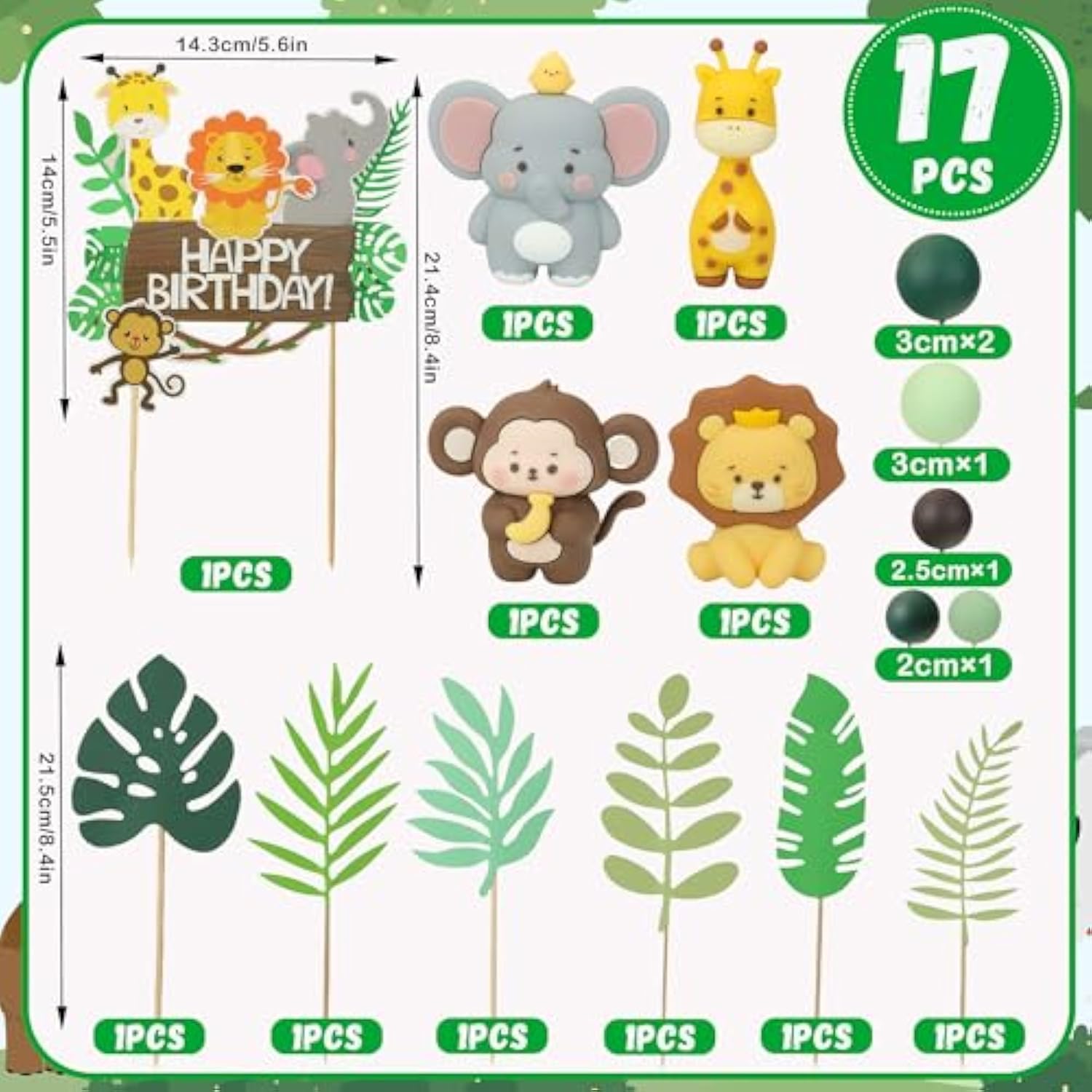 17Pcs Safari Animal Cake Toppers, Jungle Cupcake Decorations for Birthday Party