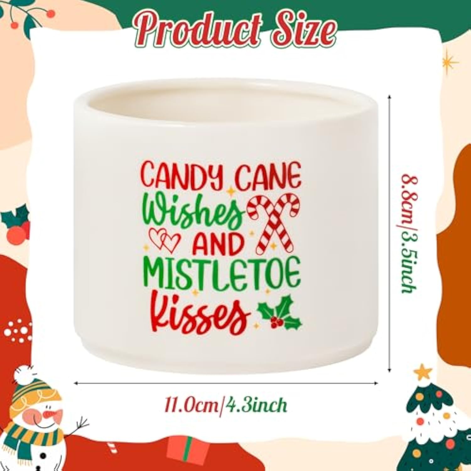 Christmas Candy Dish Mini Ceramic Bowl, Merry Xmas Candy Cane Wishes Tiered Tray Decor, Winter Berry Leaves Sweets Table Shelf Accents Gift For Farmhouse Home Kitchen (Mistletoe Kisses)