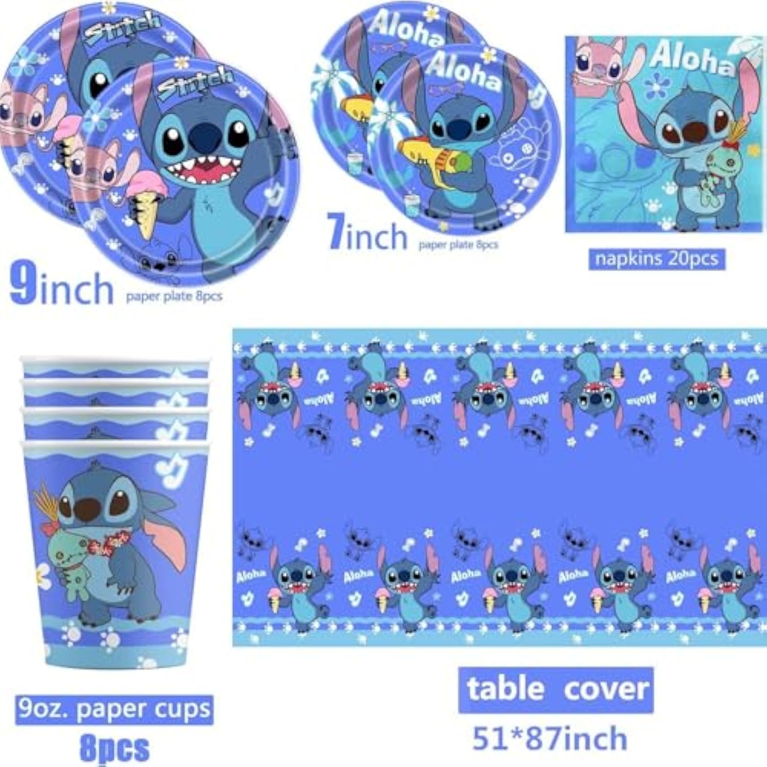 61 Pcs Stitch Party Supplies Birthday Party Supplies And Decorations Set - Includes Tableware Set And Happy Birthday Banner