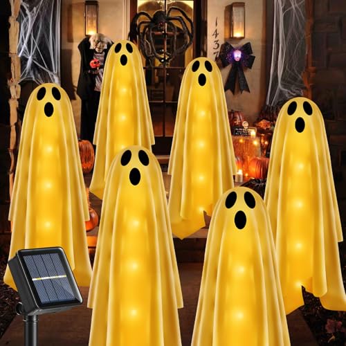 6PACKS Halloween Decorations Outdoor Solar Ghost Lights,Scary Ghost Decor with Spooky Party Gifts,Solar Halloween Path Lights for Front Porch/Yard/Garden/Home/Ghost Party Decor Warm White