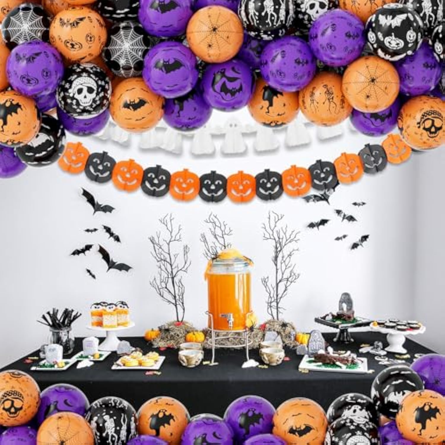 60Pc Halloween Balloons – 12" Black Orange Purple with Pumpkin, Ghost & Bat