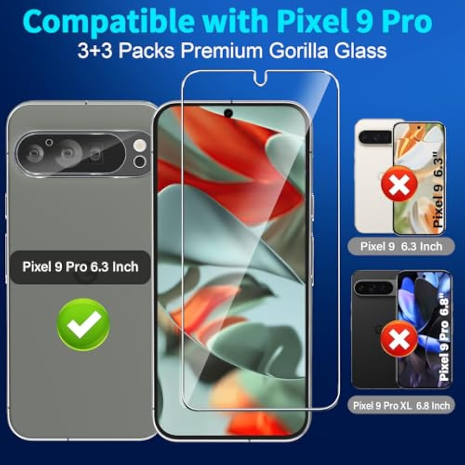 [3+3 Pack] For Google Pixel 9 Pro Screen Protector, 9H Tempered Glass, Ultrasonic Fingerprint Unlock, Case Friendly Hd Clear For Google Pixel 9 Pro Tempered Glass Screen Protector 5G
