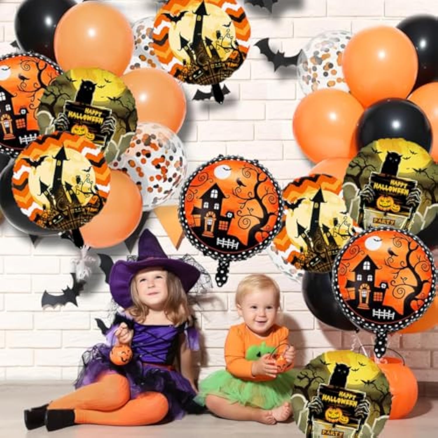 Halloween Foil Balloon Set: 9 Orange, Black Bat, Spider, Pumpkin Decorations