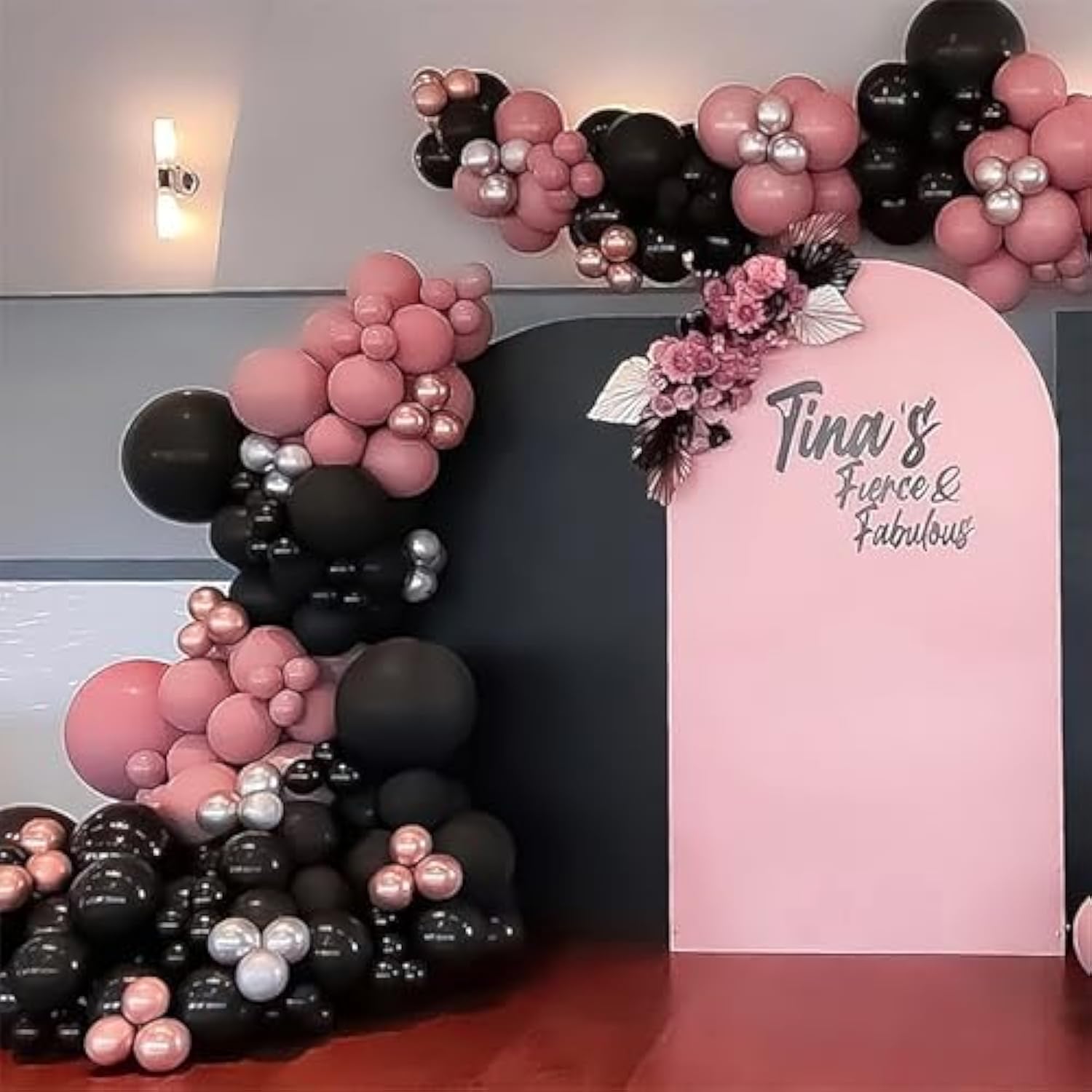 140 Pcs Black And Pink Balloon Garland Kit, Black, Pastel Pink, Dusty