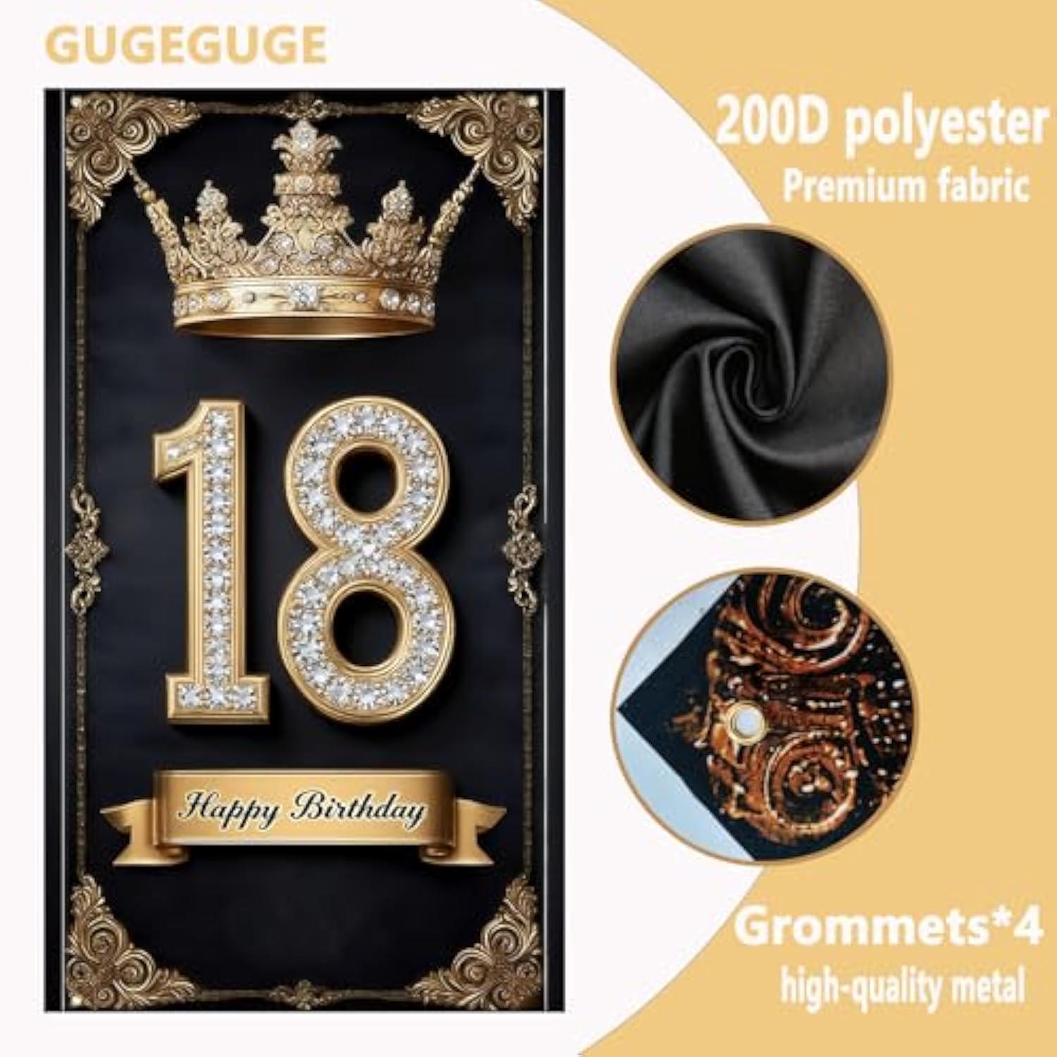 Happy 18St Birthday, Boys And Girls. Golden Black Crown Flag Background Decoration, Poster Background Photo, Booth Prop Decoration, Used For Birthday Parties, Wedding Anniversaries