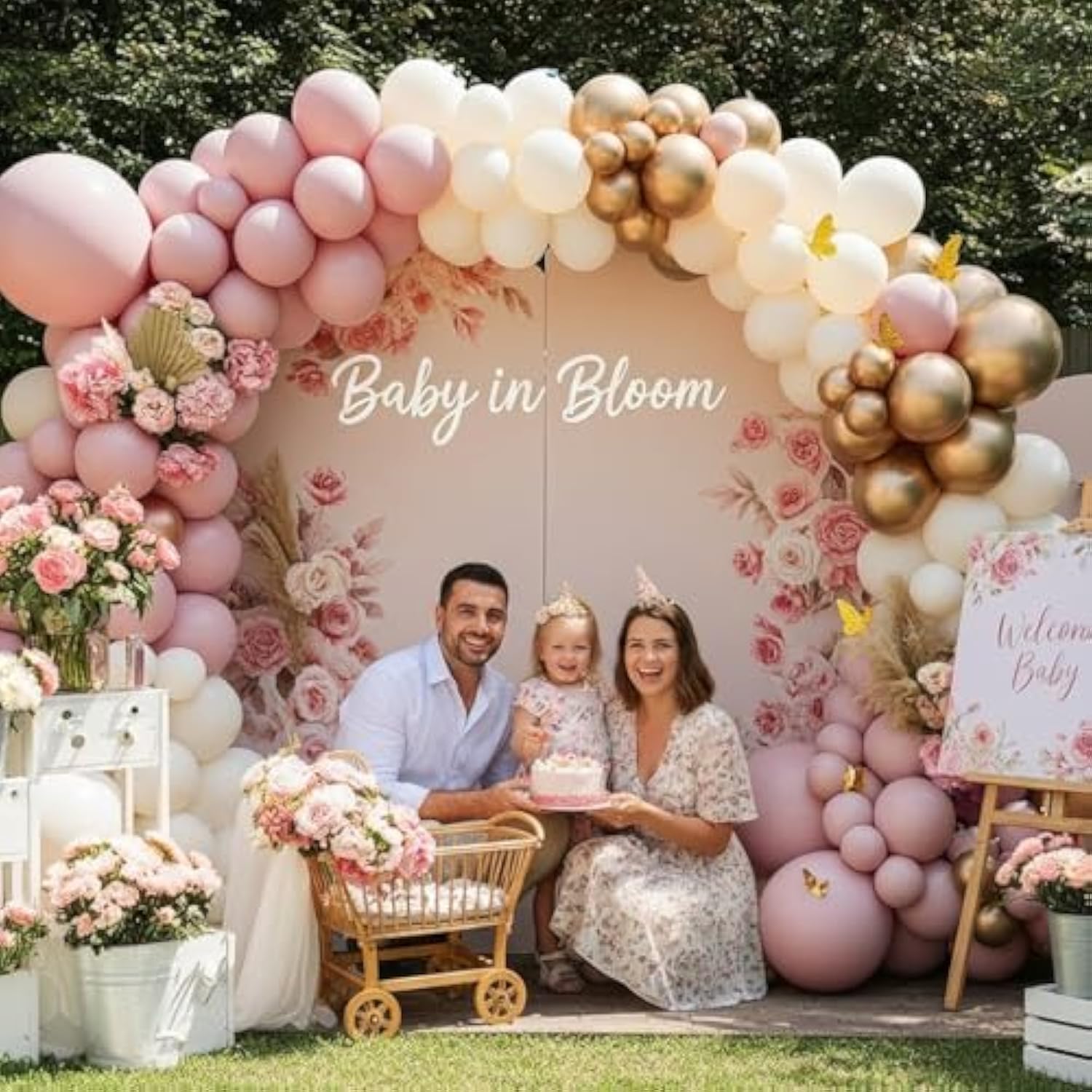 Pink Ivory White And Champagne Gold Balloon Arch Kit – Double Stuffed Dusty Pink, Blush Pink Balloon Garland Kit With Butterflies For Birthday, Baby Shower, Bridal Shower, Wedding, Boho Party Decor