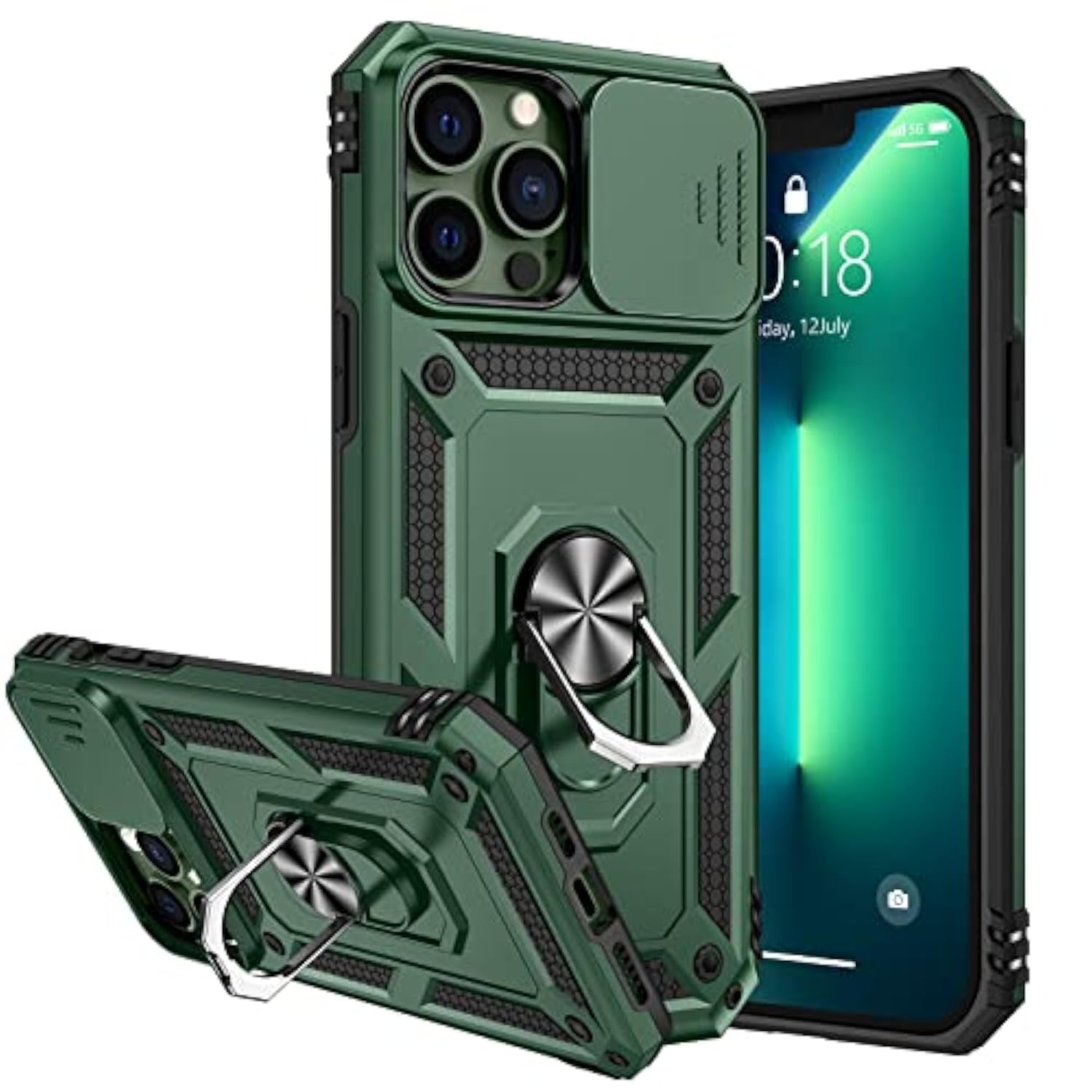 Compatible With Iphone 13 Pro Max Case With Slide Camera Cover & 360° Rotate Ring Stand [Military Drop Protection] Shockproof Heavy Duty Protective, Phone Case With Magnetic Car Mount Holder
