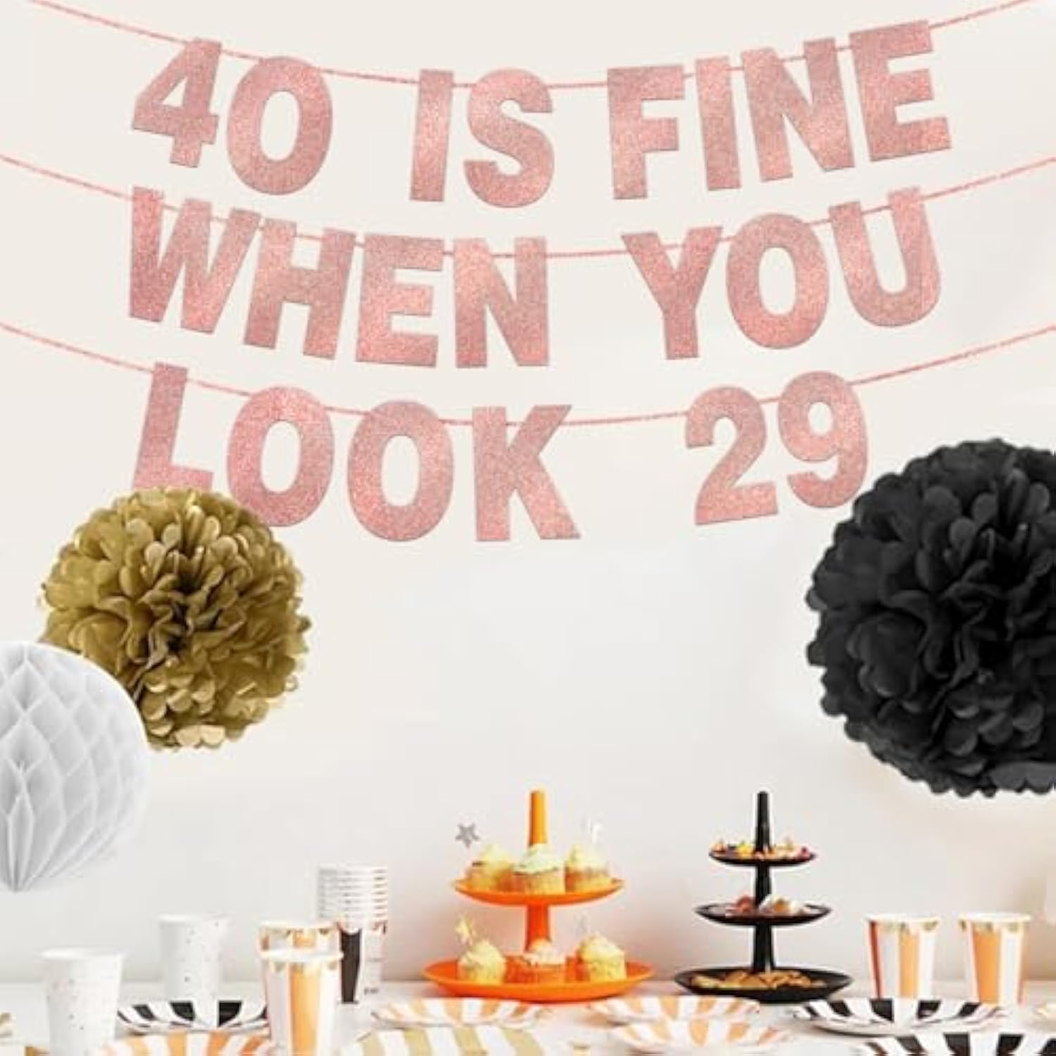 40 Is Fine When You Look 29 Banner For 40Th Birthday Decorations For Women Pre-Strung 40Th Birthday Banner 40Th Party Decorations Rose Gold Glitter