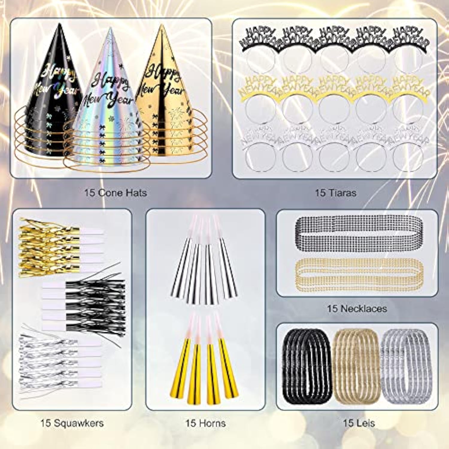 90pcs 2026 New Year Party Supplies Hats Tiaras Noise Makers Necklaces
