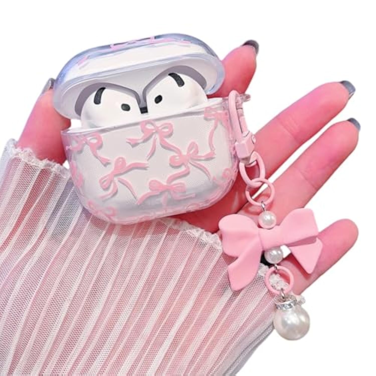 Compatible With Airpods 4 Clear Case,Cute Ribbon Bow Pretty Aesthetic Design With Bow Pearl Keychain,Soft Tpu Protective Shockproof Case For Women Girl For Airpod 4-Pink
