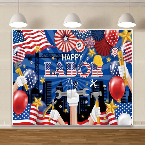 10x8ft Labor Day Backdrop Red White and Blue Flag Balloons Large Happy Labor Day Photography Background Banner for Celebration Party Decorations for Office Home Outdoor Photo Booth Props