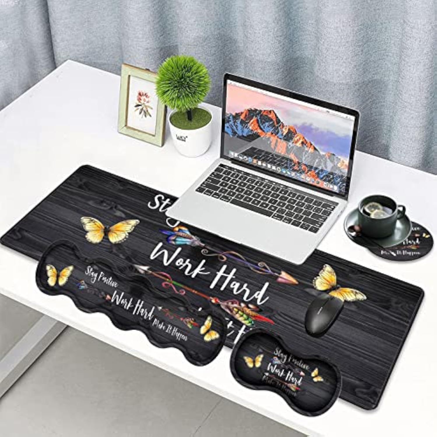Large Gaming Mouse Pad, Keyboard Wrist Rest Pad + Mouse Wrist Pad + Coaster Set Extended Waterproof Non-Slip Table Mat Suitable For Home Office - Stay Positive Work Hard And Make It Happen