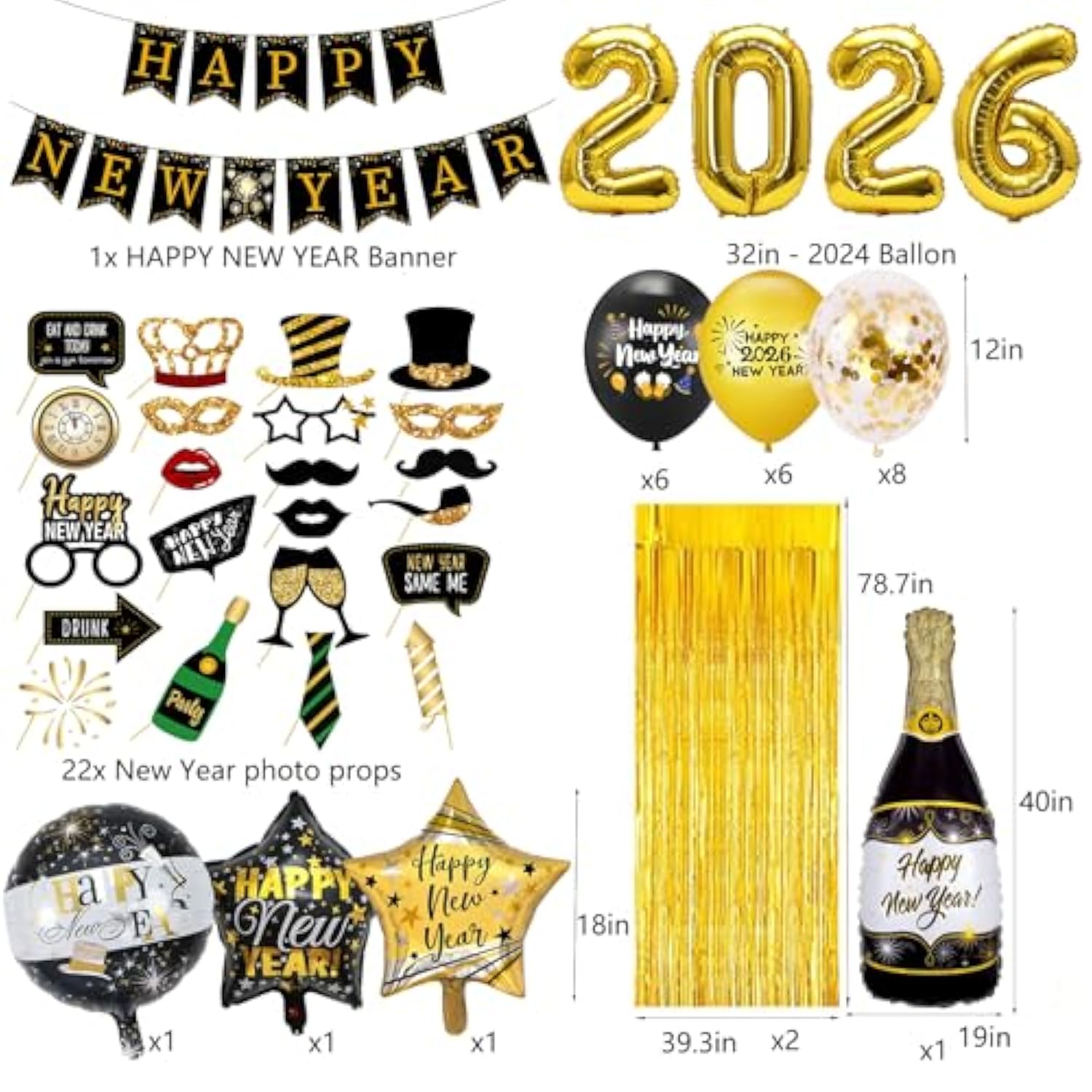 2026 Happy New Year Balloon Set Gold Foil Banner Party Decor