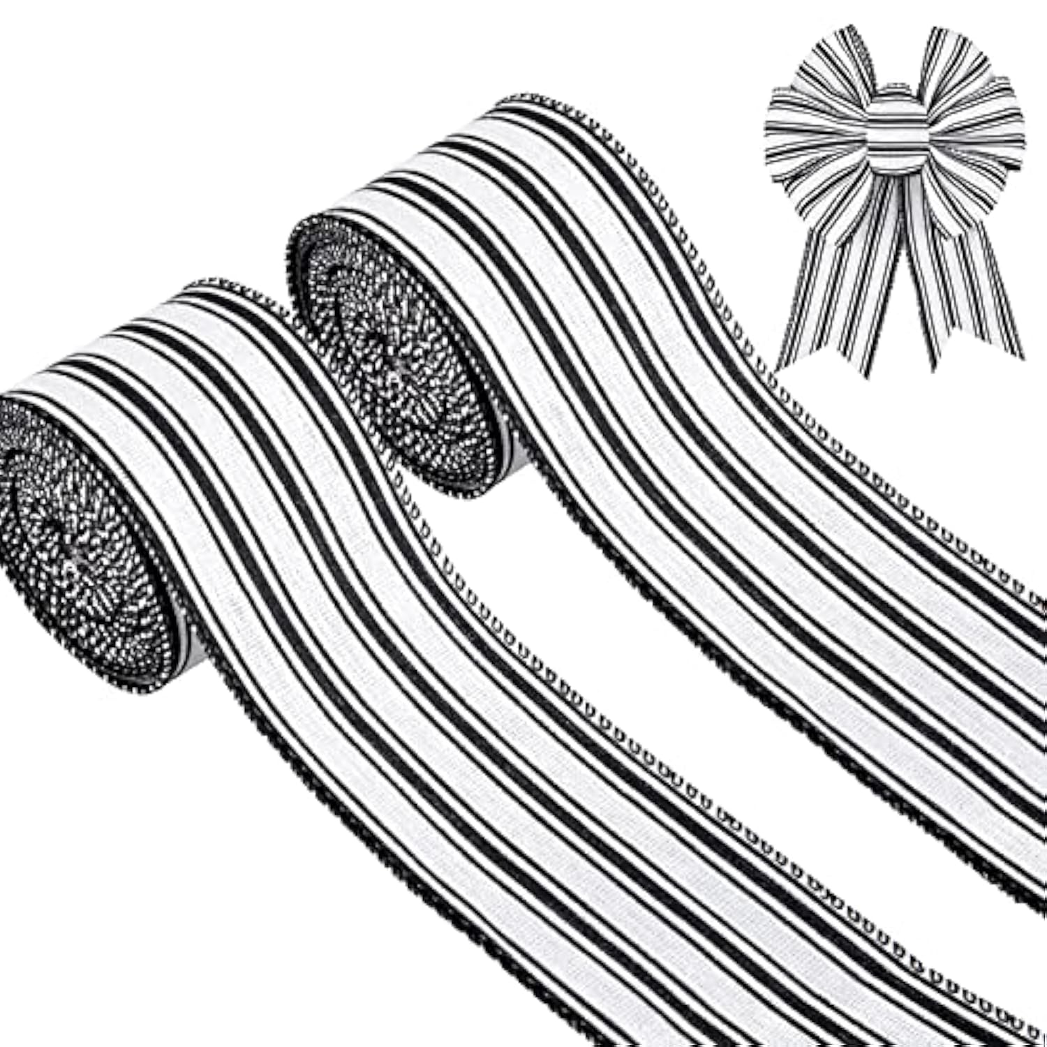 2 Rolls Farmhouse Wired Edge Ribbon White Black Striped Fabric Ribbon