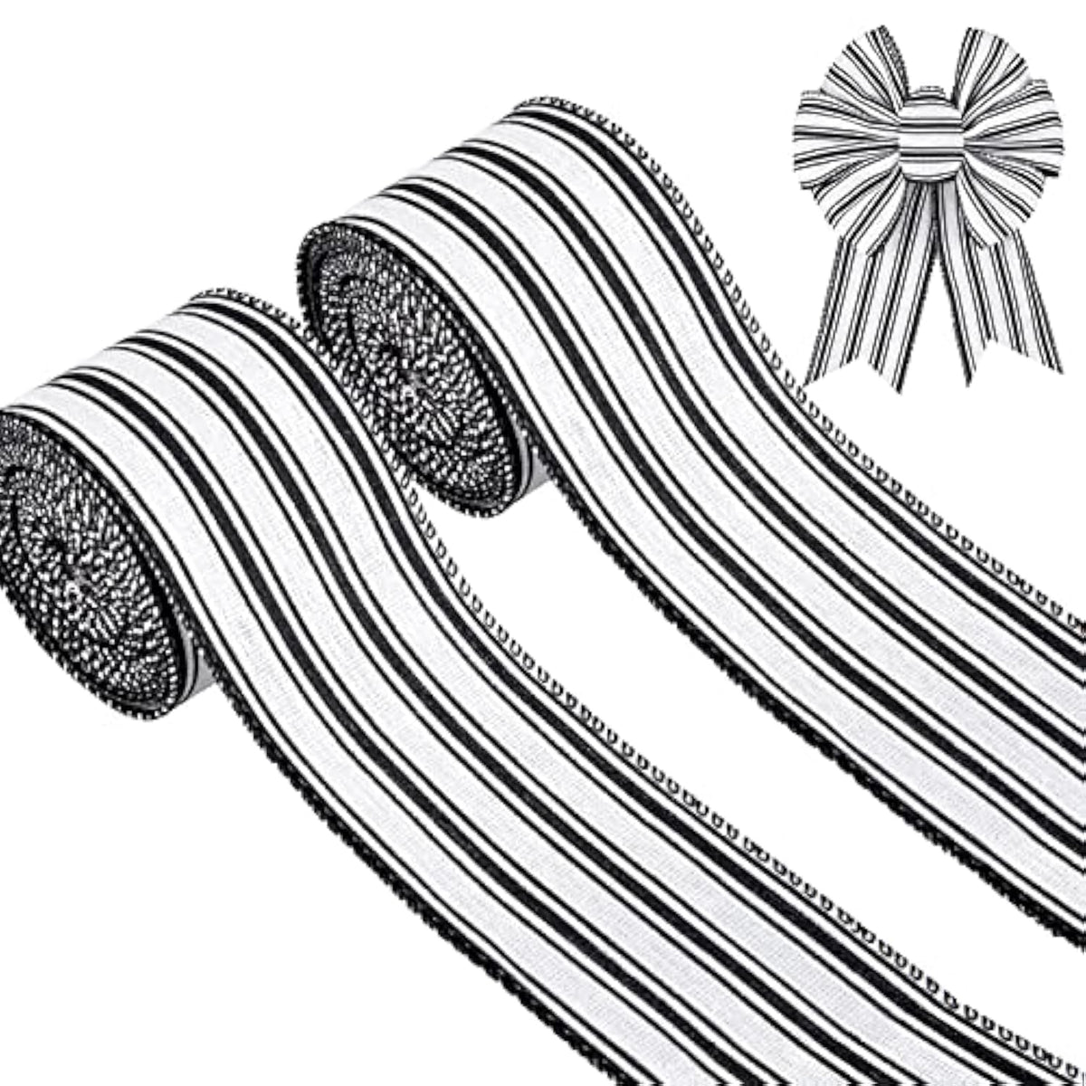 2 Rolls Farmhouse Wired Edge Ribbon White Black Striped Fabric Ribbon