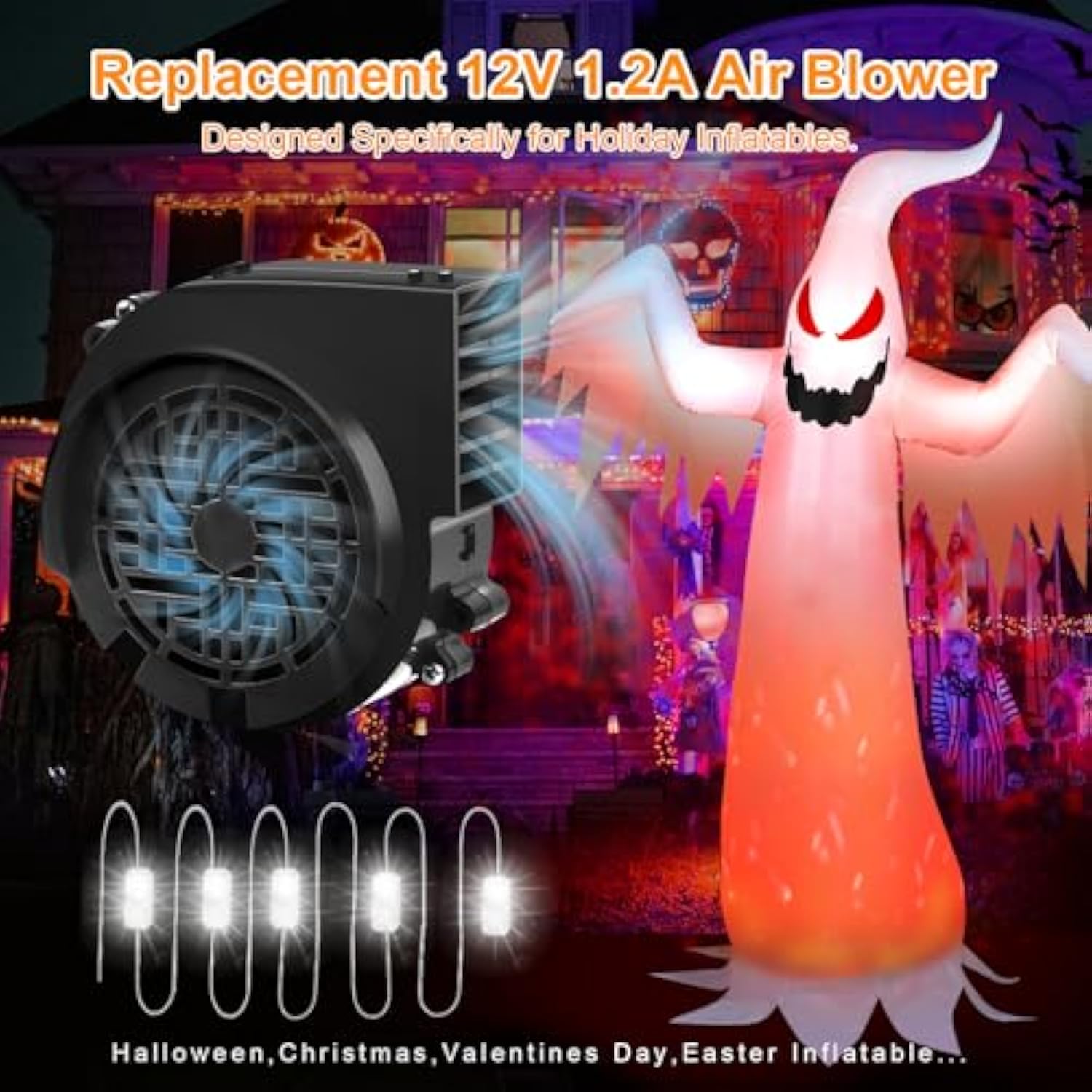 12V 1.2A Replacement Air Blower Fan For 5-12Ft Halloween Christmas Inflatables With 1.5A Adapter 5 Led Light Fans Outdoo