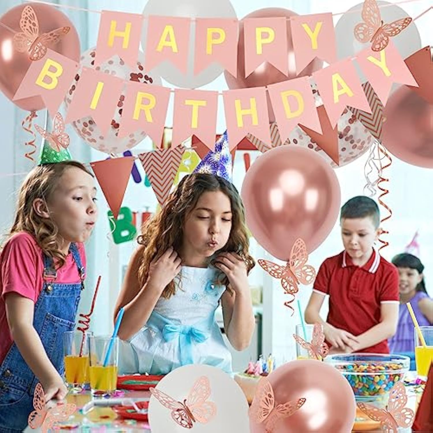 Rose Gold Birthday Decorations for Women and Girls  Balloons, Banner, Flags & Butterfly Accents