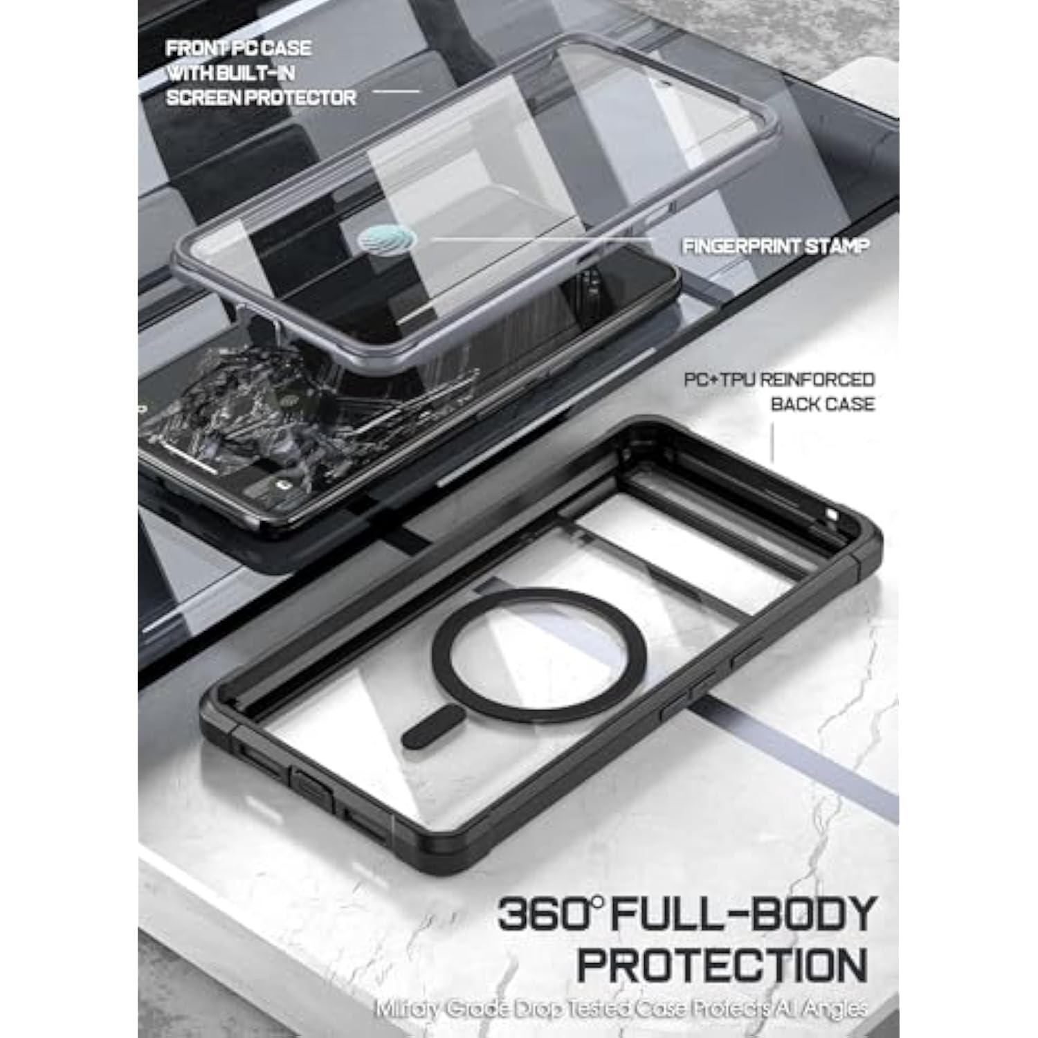 Guardian Magpro Case Compatible With Pixel 8 Pro 5G,[Compatible With Magsafe] Built-In Screen Protector Work With Fingerprint Id, Full Body Shockproof Rugged Clear Cover Case, Black/Clear